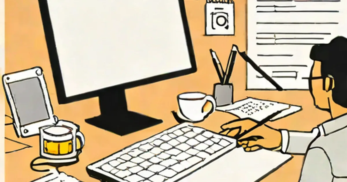 Illustrated workspace with monitor, keyboard, tablet, and coffee mug