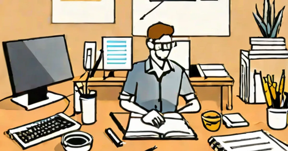 Software tester studying at desk with computer, books, and reference materials