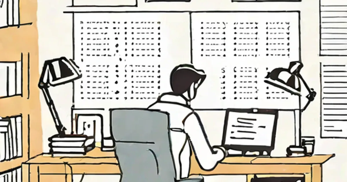 Person working at a desk with data charts and analysis displayed on the wall