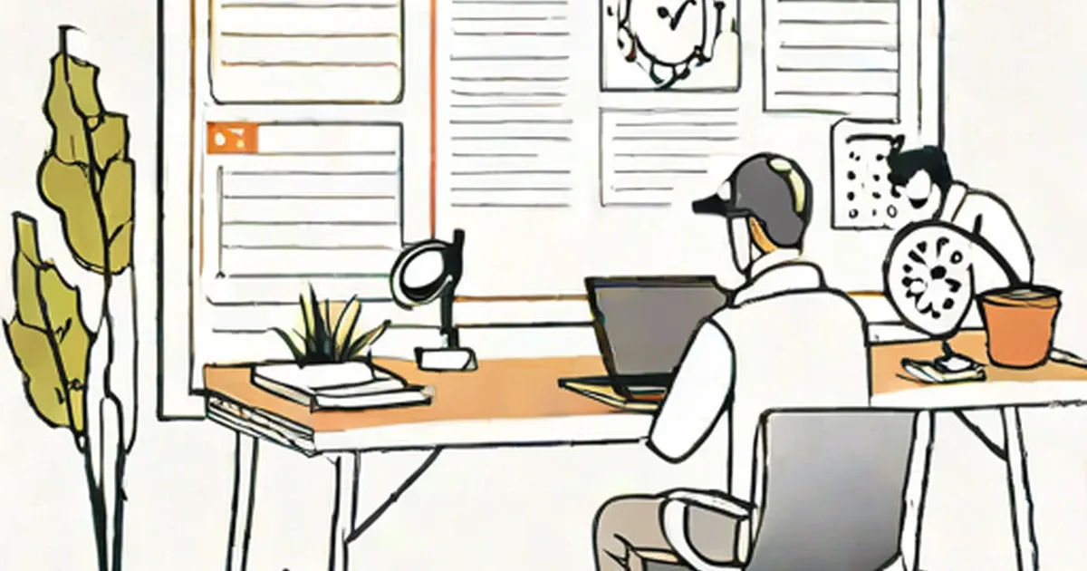 Person at desk with laptop and headset in office workspace