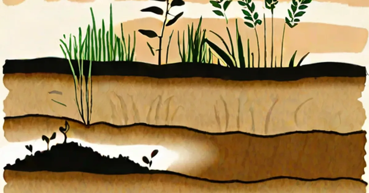 Soil cross-section showing layered soil depths with grass and plant roots
