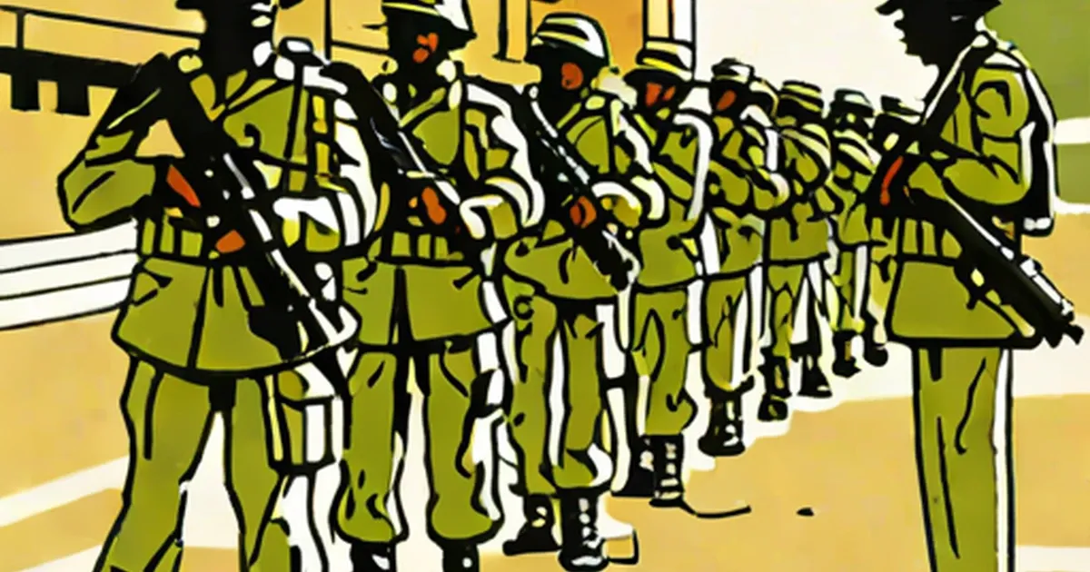 Soldiers in khaki uniforms stand in formation holding rifles