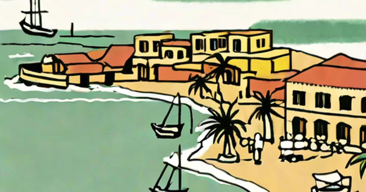 Red Sea port with fortified buildings, palm trees, and anchored sailboats