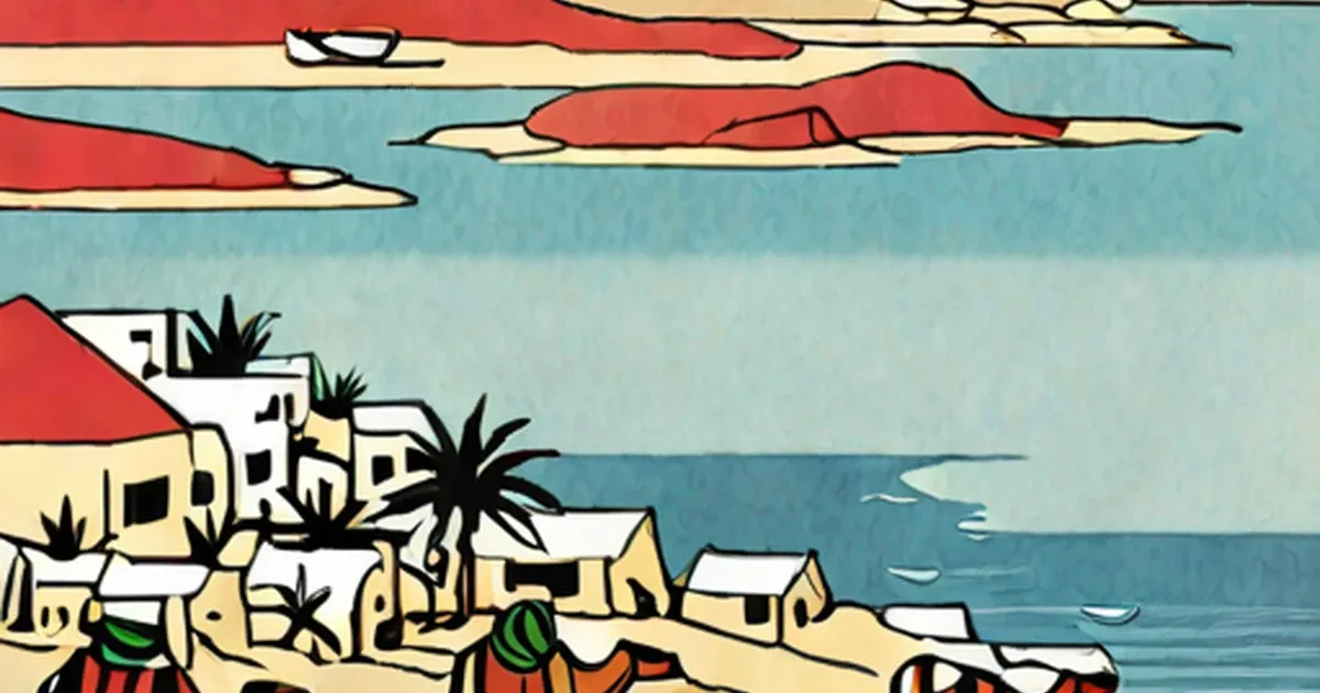 Illustrated Red Sea settlement with palm trees, white buildings, and merchant boats