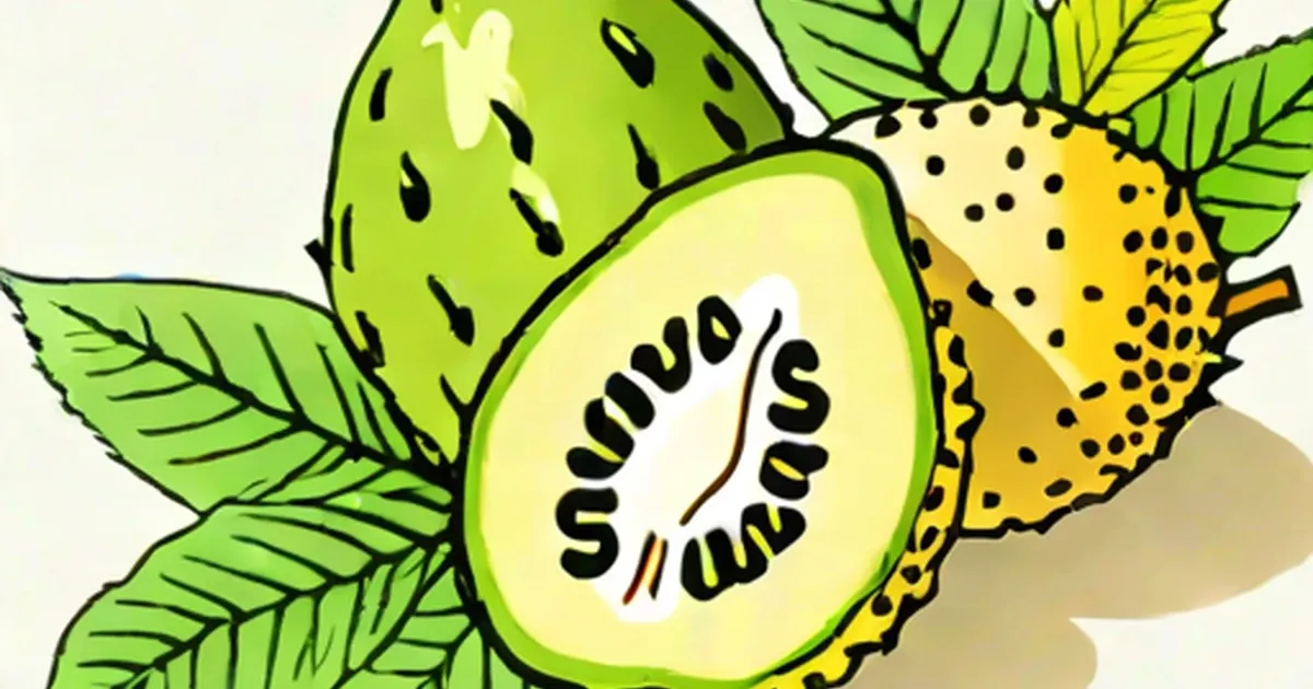 Soursop halved showing pale flesh and seed, with whole spiky fruit and green leaves