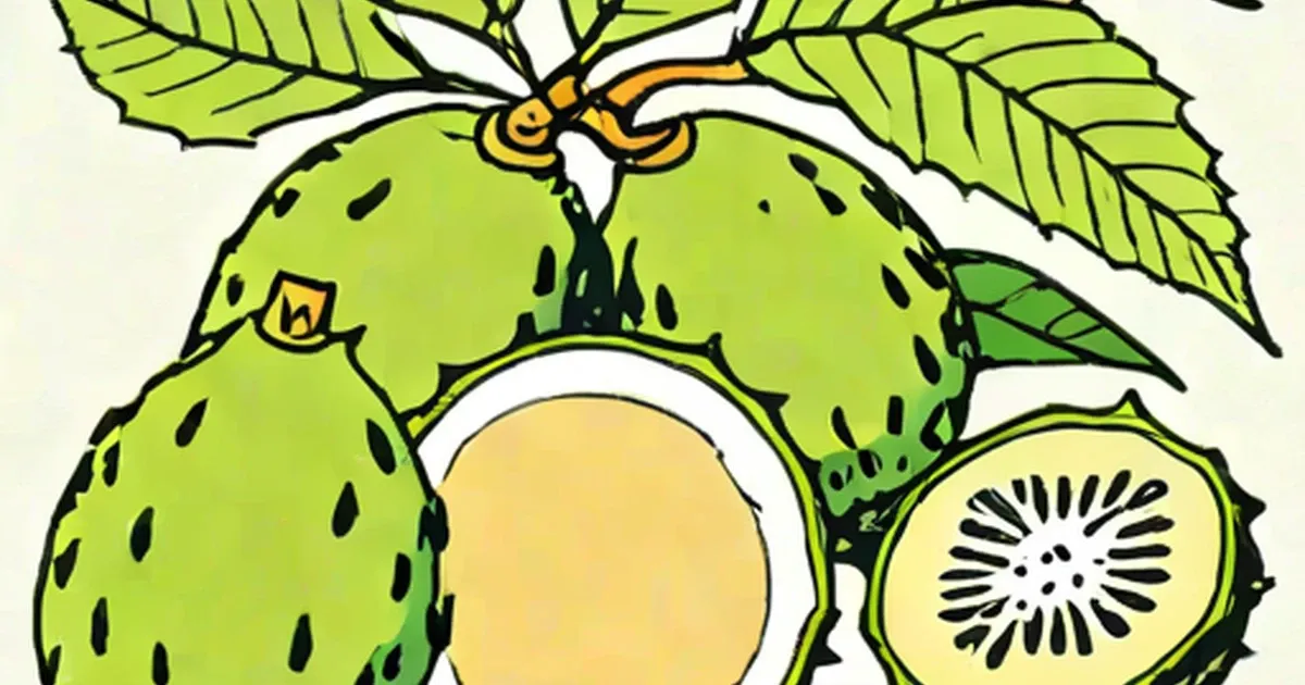 Line drawing of a soursop fruit cut in half, revealing seeds and white flesh, with leaves
