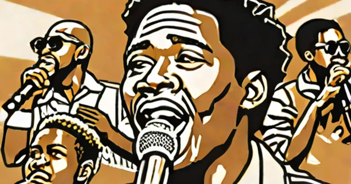Stylized illustration of singers performing with microphones