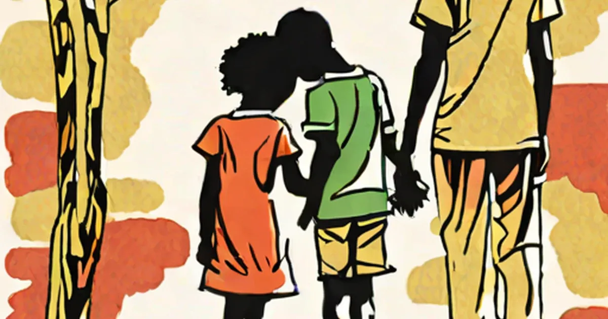 Child and adult figure silhouettes standing among stylized trees in illustration