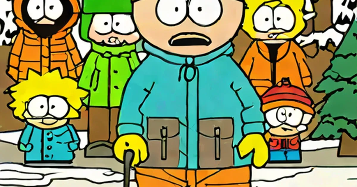 Kenny in blue jacket surrounded by other South Park characters in snowy setting