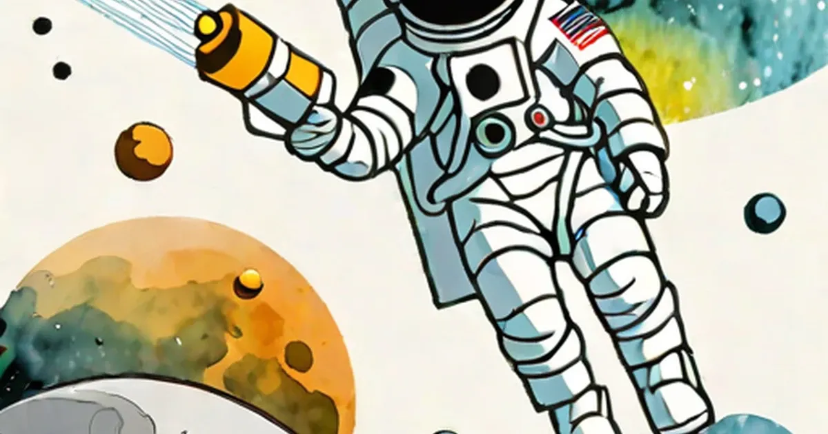 Illustrated astronaut in spacesuit holding yellow instrument amid planets and craters