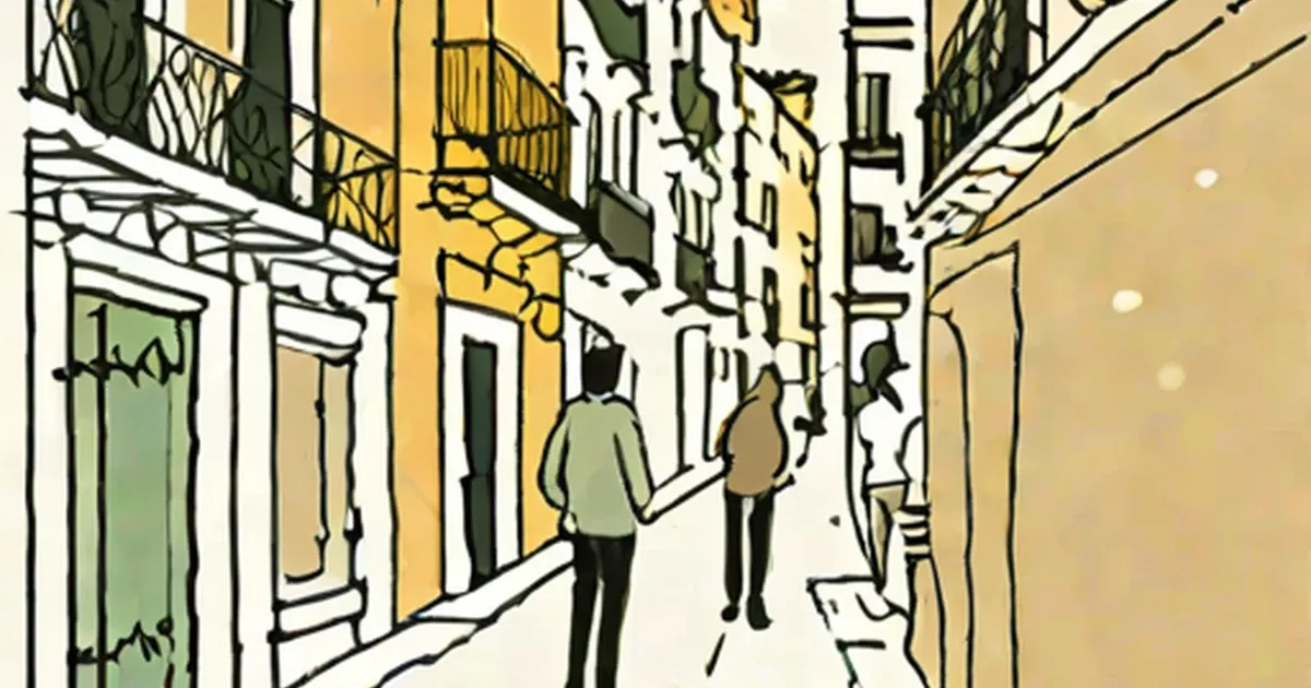 Narrow street with colorful colonial buildings, climbing vines, and pedestrians walking
