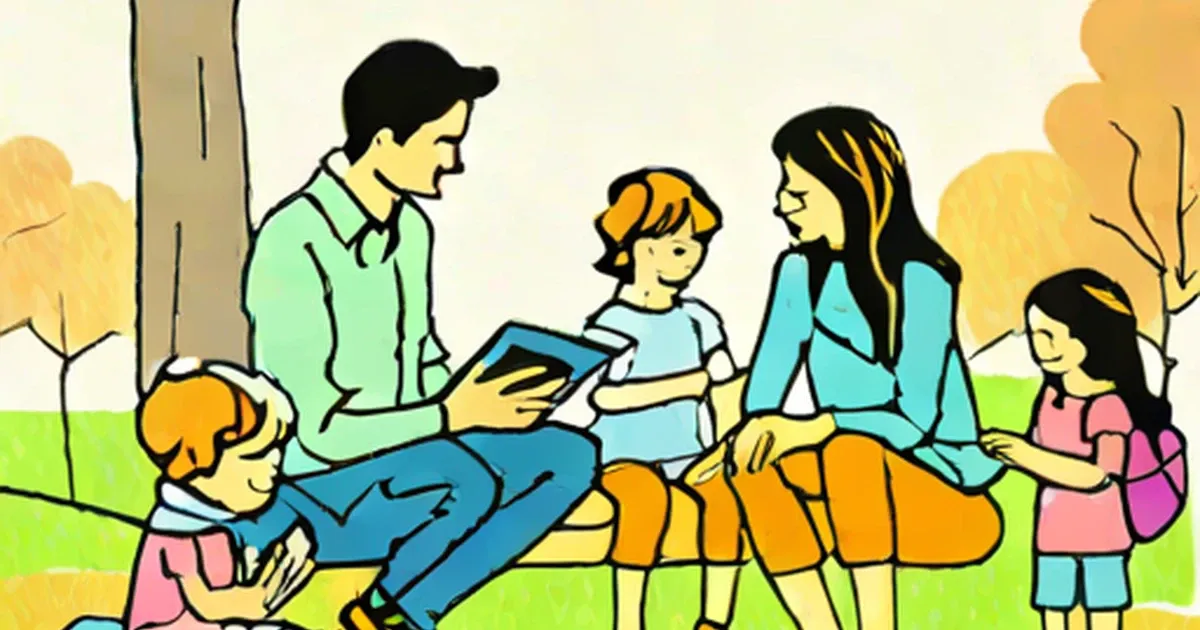 Parent reading with children under a tree
