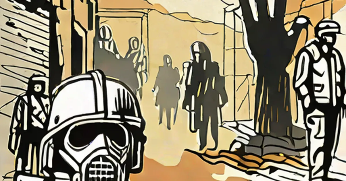 Helmeted figures in tactical gear within a damaged urban setting