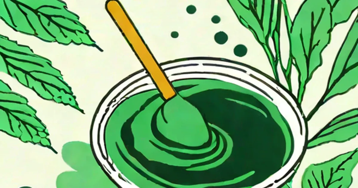 Dark green spirulina powder in a bowl with golden spoon