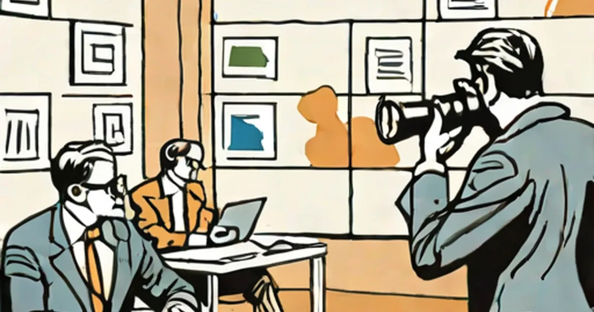 Business employee using binoculars to spy on competitors