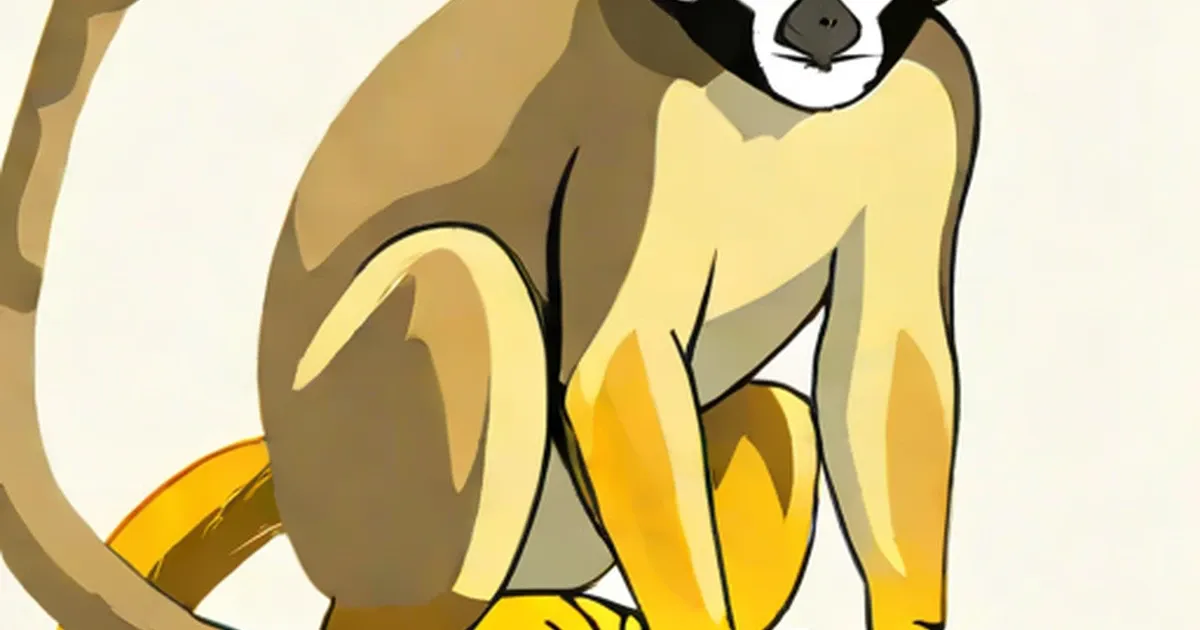 Brown squirrel monkey with white facial markings and long curved tail