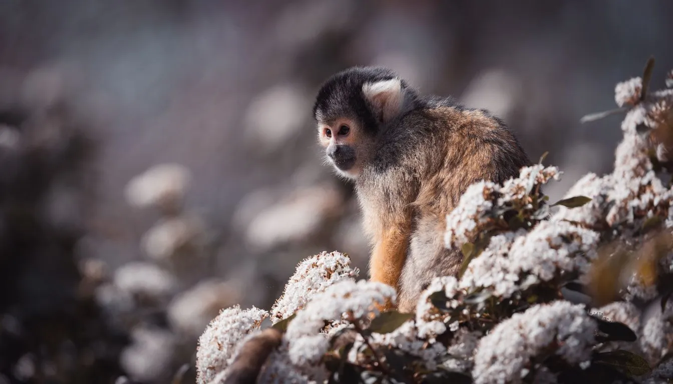 A squirrel monkey perched on a snowy branch