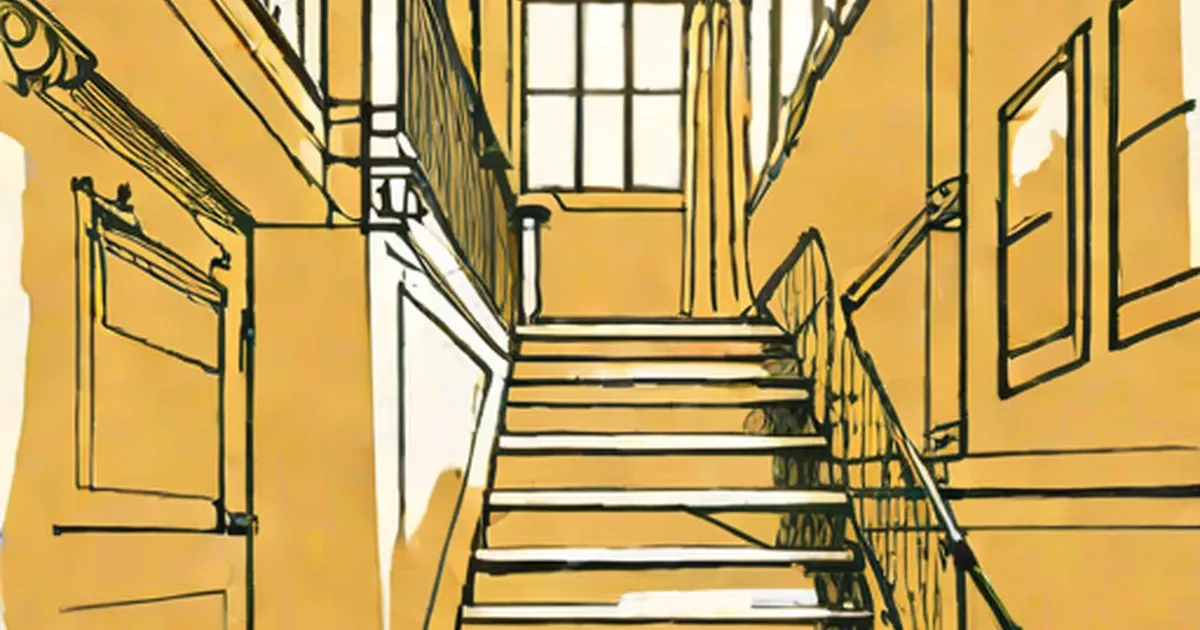 Hand-drawn staircase with decorative molding and railings highlighted in golden tones