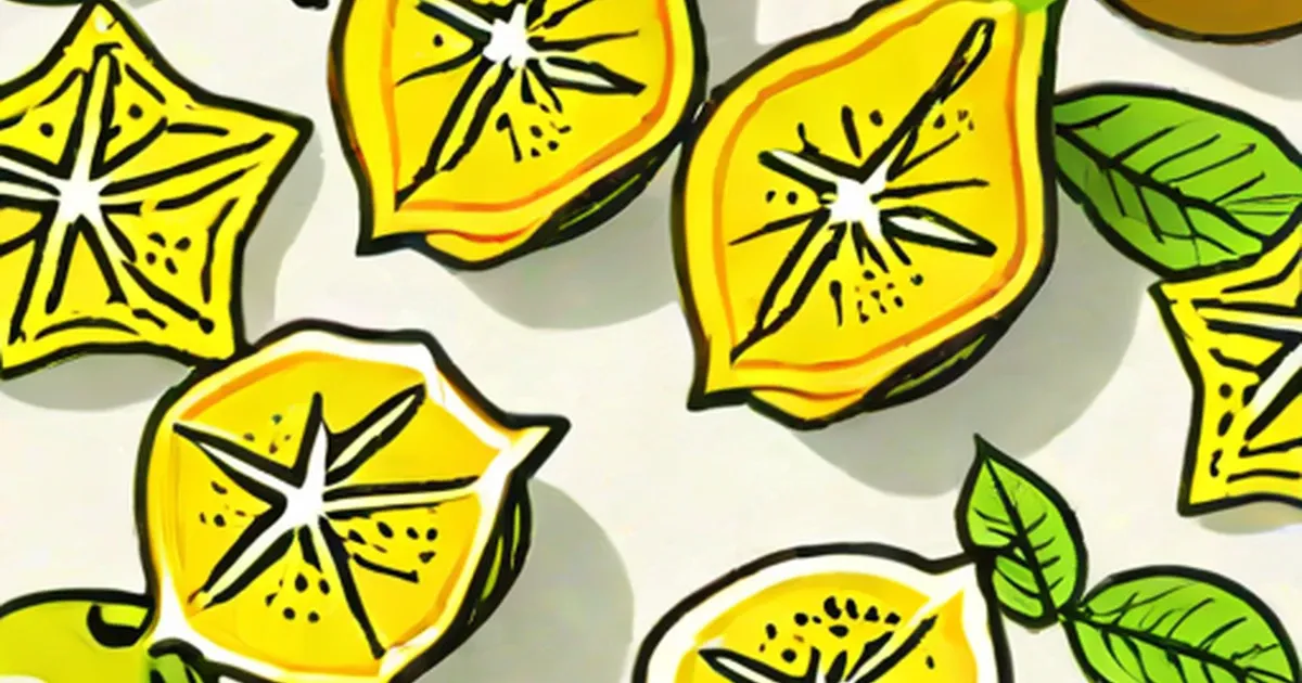 Sliced star fruit with distinctive star-shaped cross-sections, yellow flesh, and attached green leaves