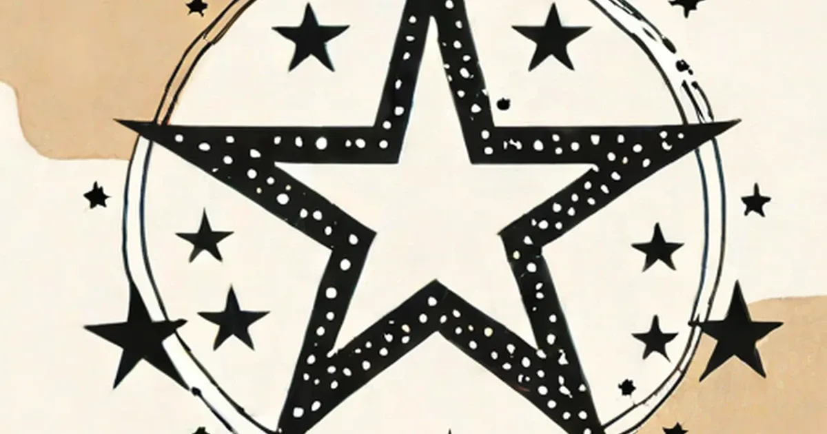 Large black star with white polka dots, surrounded by smaller solid black stars