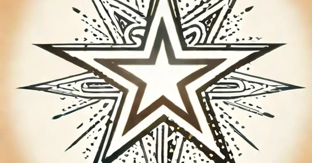 Large outlined star with ornate tribal patterns radiating outward on beige background