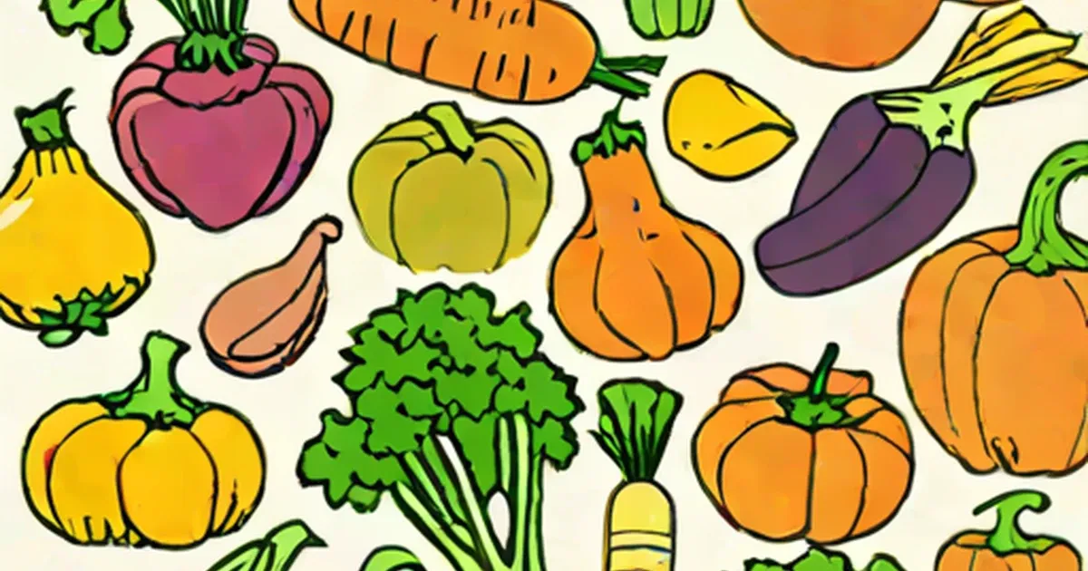 Colorful illustrated vegetables including carrots, peppers, squash, and broccoli