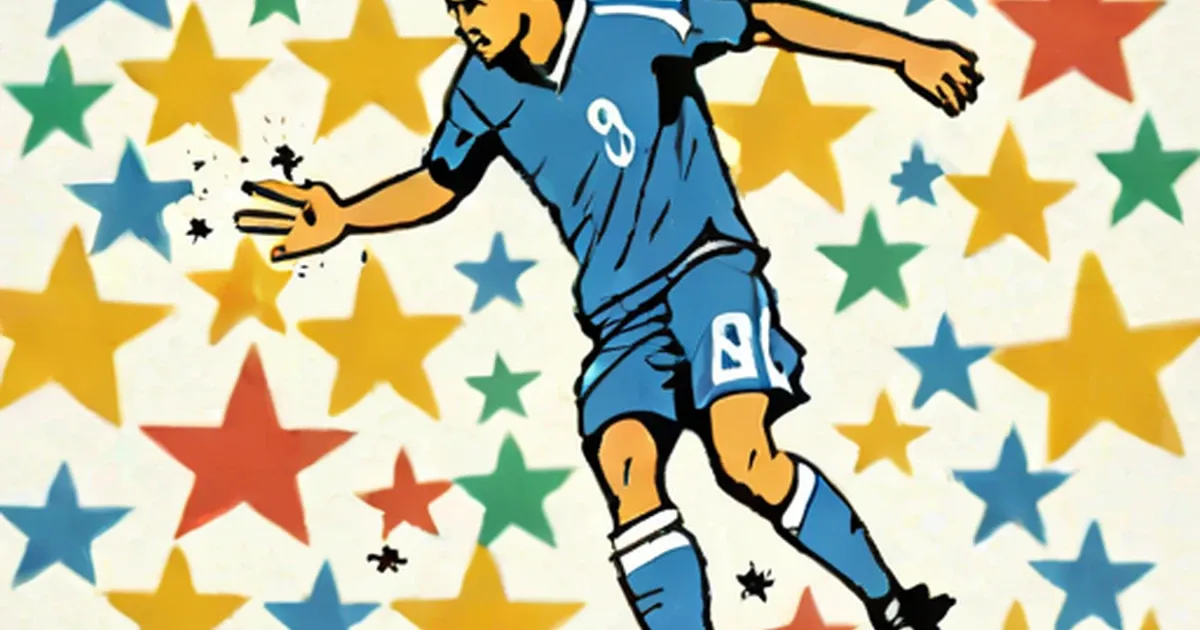 Illustrated rugby player in blue jersey number 8, surrounded by colorful stars
