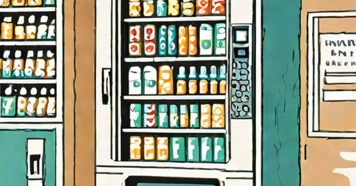 Vending machines stocked with packaged snacks and beverages