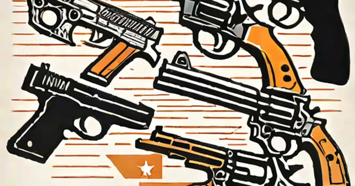 Handguns and revolvers illustrated in black and orange against horizontal lines