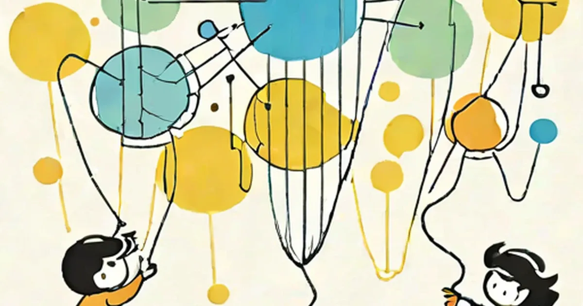 Two cartoon children reach toward colorful balloons with electrical charge lines