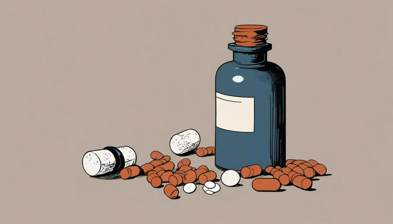 Illustration of a pill bottle with statin pills, one pill set apart from the rest, symbolizing sorting side effects