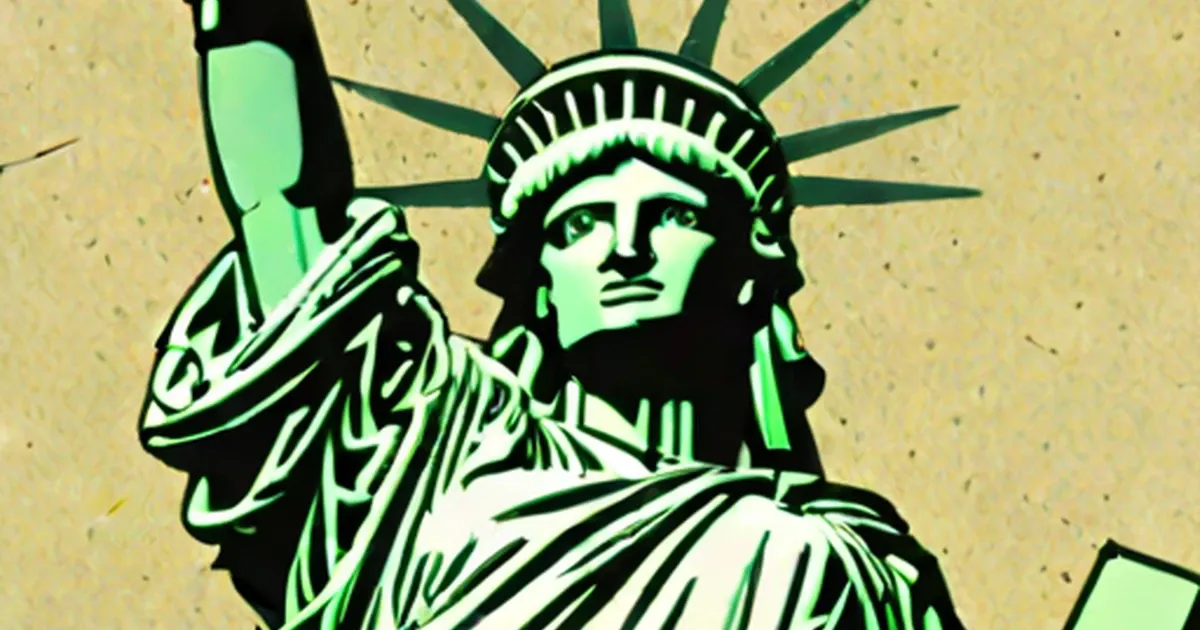 Statue of Liberty’s face and crown in green and black illustration