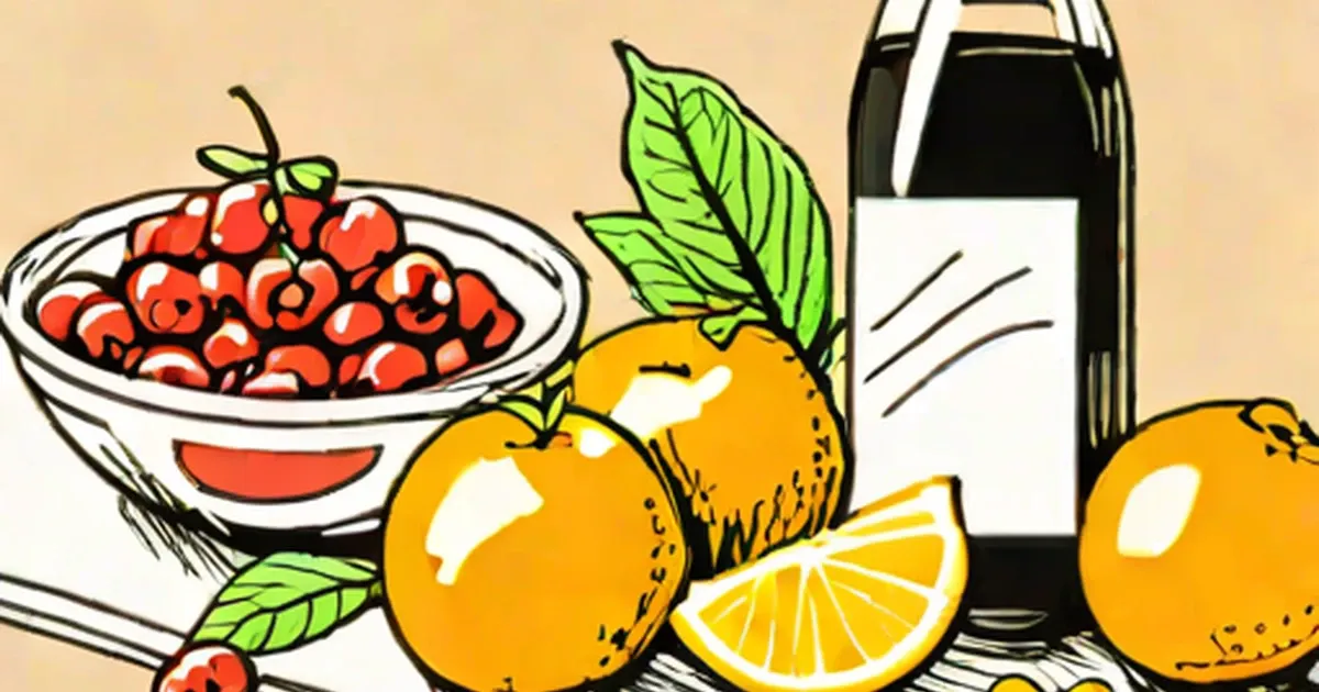 Bowl of red berries, fresh oranges, and a carton of dark diet soda