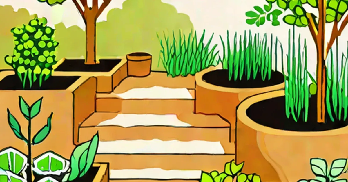 Raised garden beds with dark soil and growing plants, white sterilizing powder visible in center bed