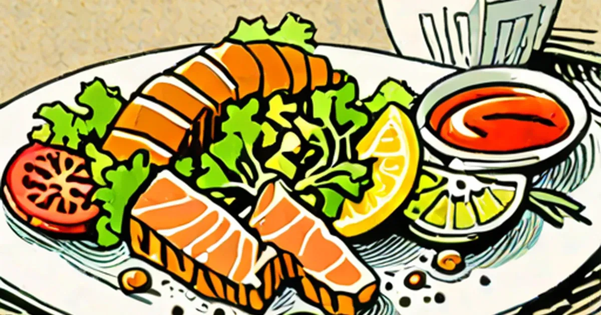 Grilled salmon fillet with fresh lettuce, tomato, lemon, and sauce