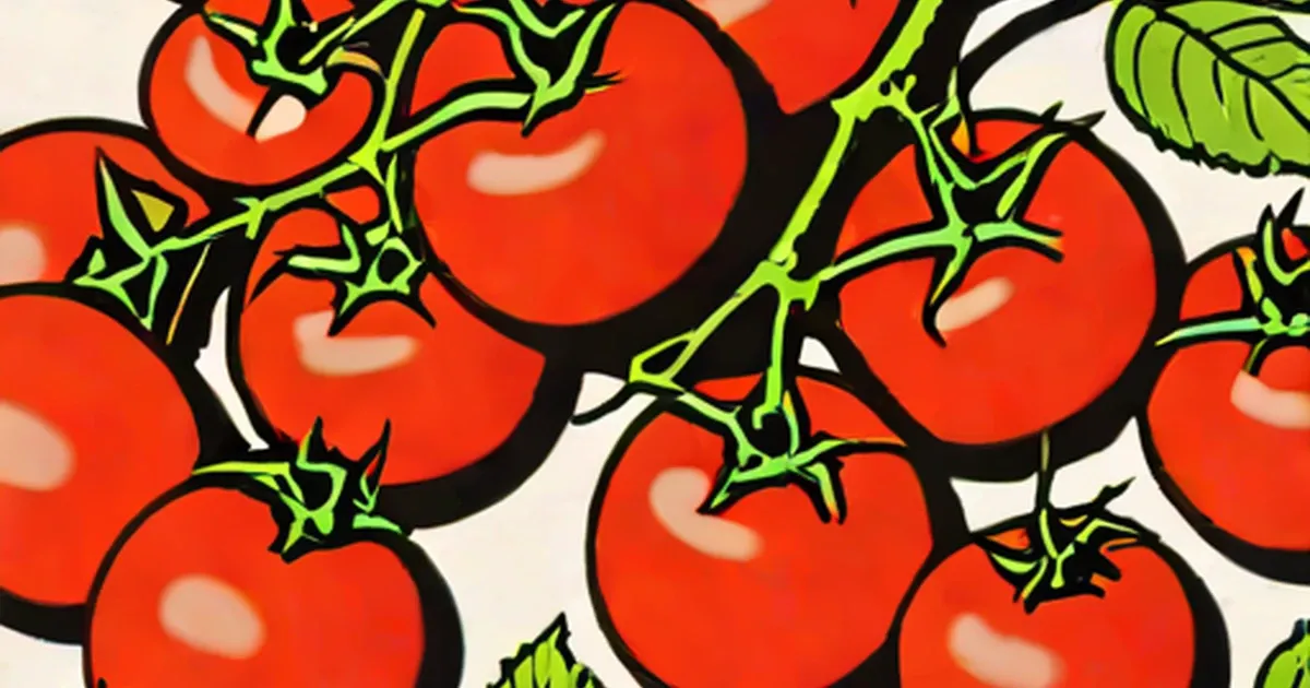 Red tomatoes with bright green stems and leaves, illustrated style