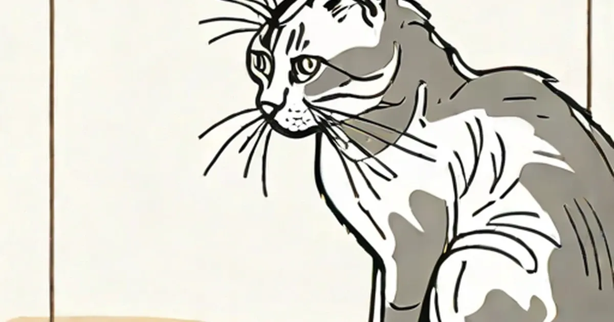 Tabby cat with its head thrown back, illustrated in gray and black