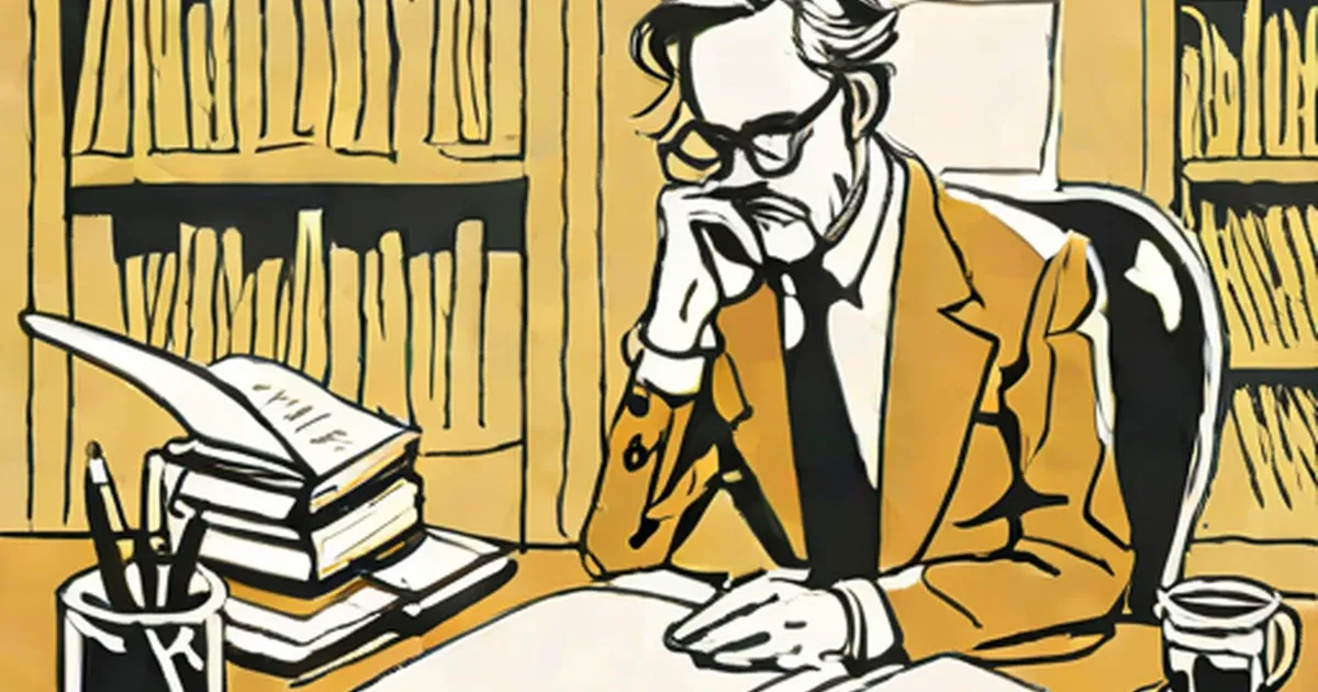 Man with glasses at desk surrounded by stacked books and writing supplies