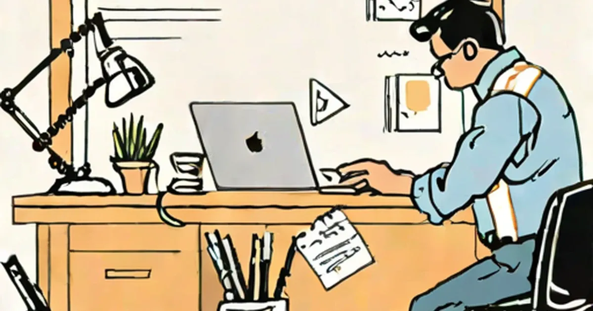 Person at a wooden desk with a laptop, lamp, and potted plant