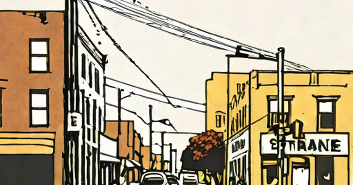 Illustrated street with orange and yellow buildings and overhead power lines