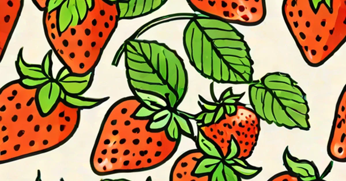Illustrated red strawberries with green leaves on a cream background