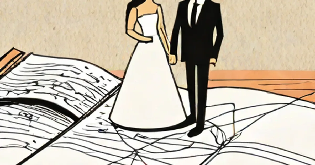 Illustration of bride and groom standing on scattered paperwork