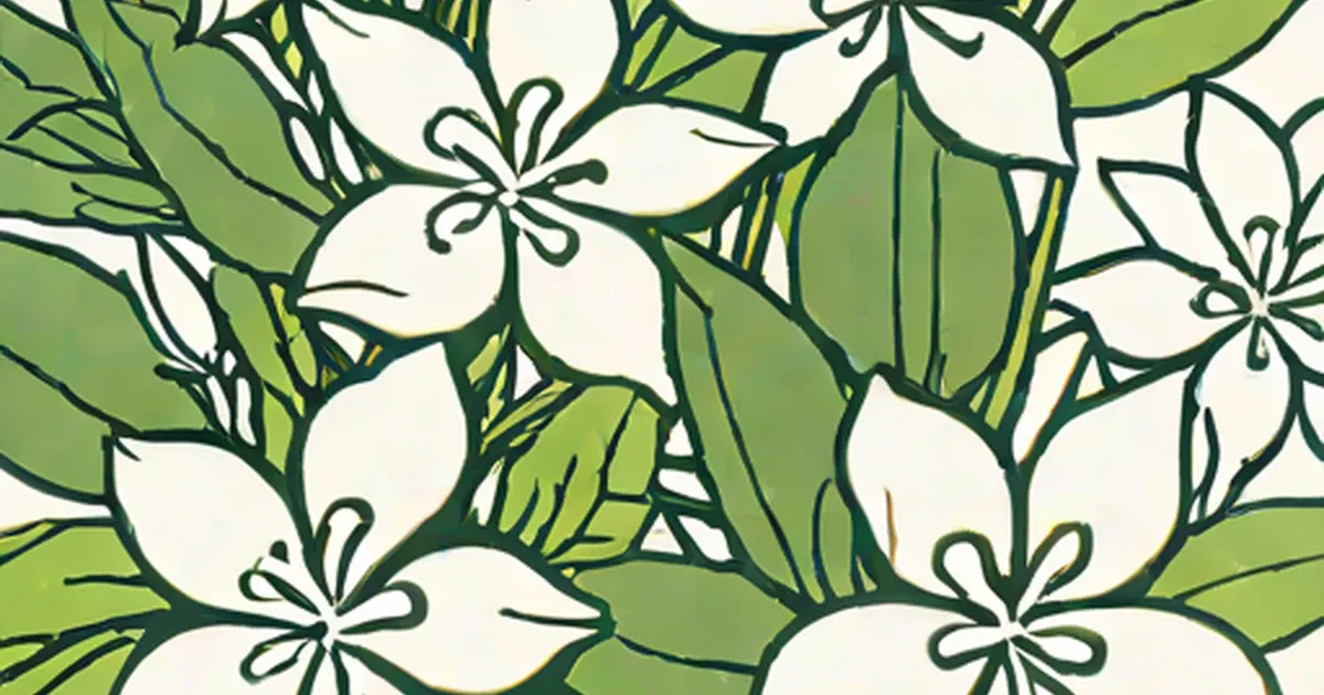 White sampaguita flowers with curved dark stamens surrounded by green leaves