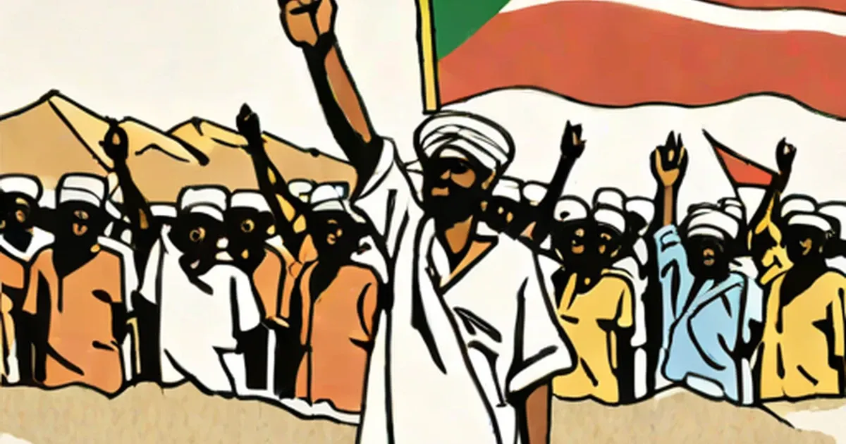 Beja people with raised fist under Sudan flag in illustration