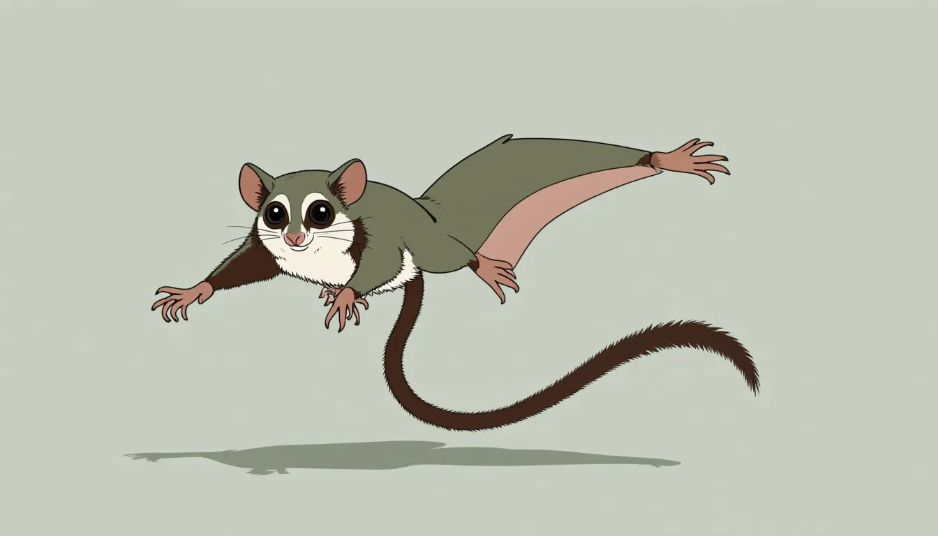 Illustration of a sugar glider mid-glide with its membrane spread wide between its limbs