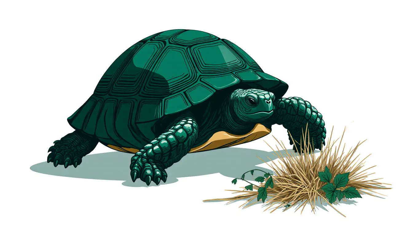 Illustration of a sulcata tortoise grazing on hay and leafy weeds, its favored diet