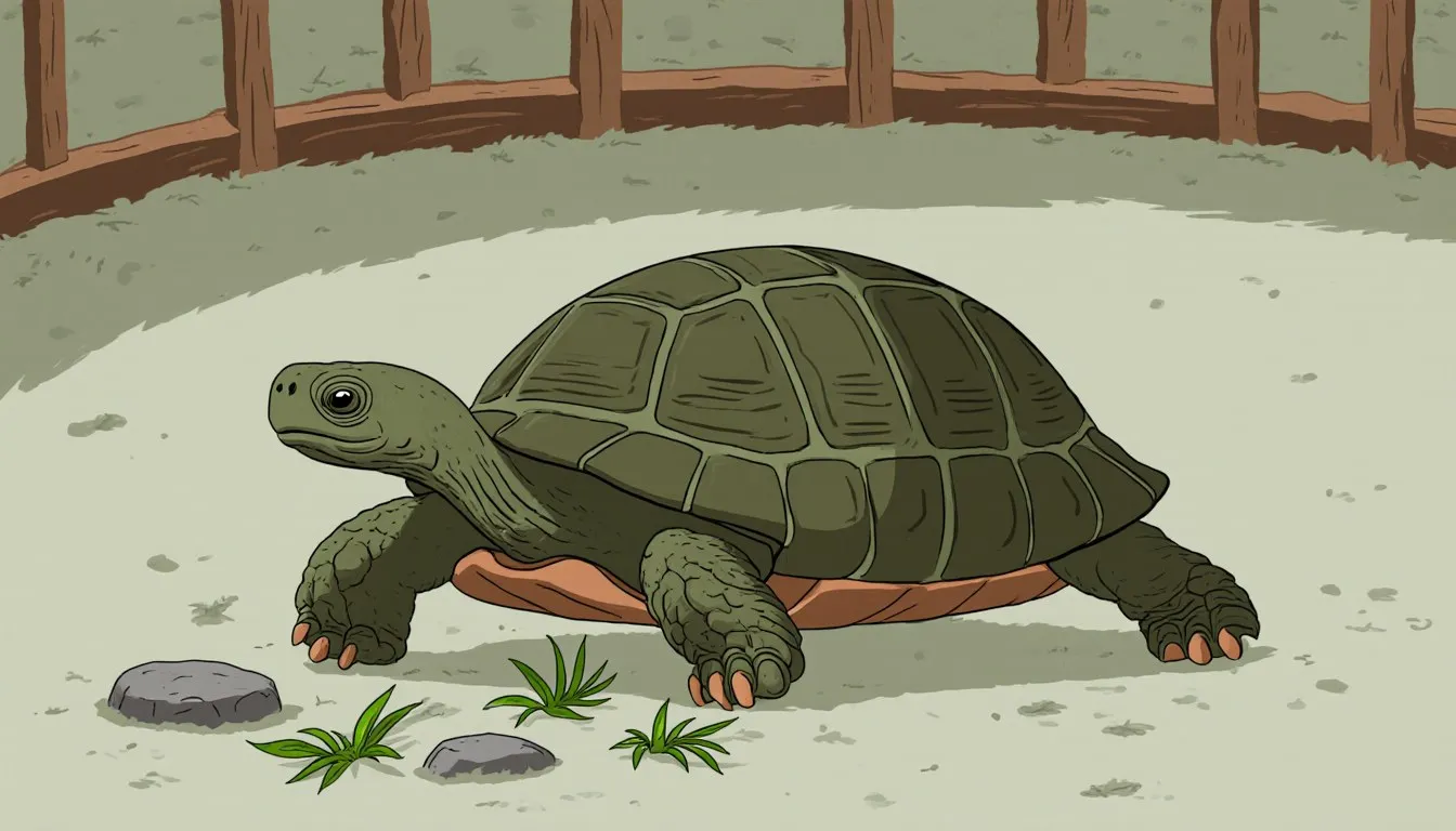 Illustration of a large sulcata tortoise grazing on grass and greens in an outdoor pen