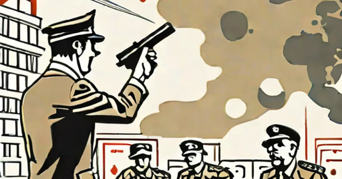 Uniformed officers brandish weapons facing shadowy military figures and warships