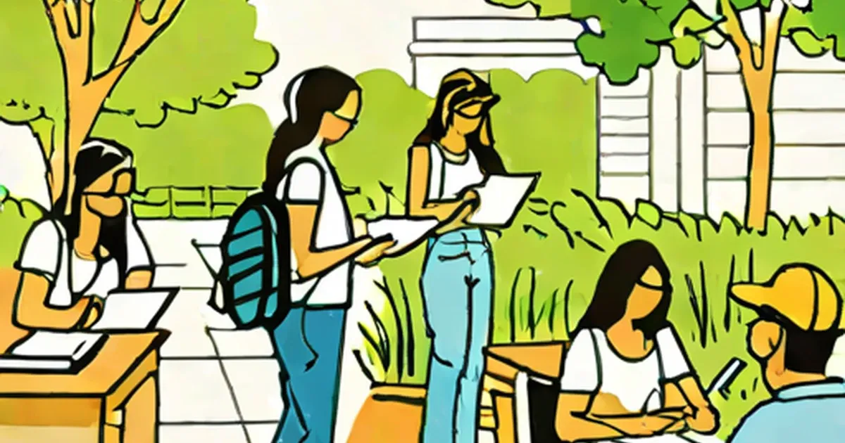 Group of students performing various outdoor summer work tasks and jobs