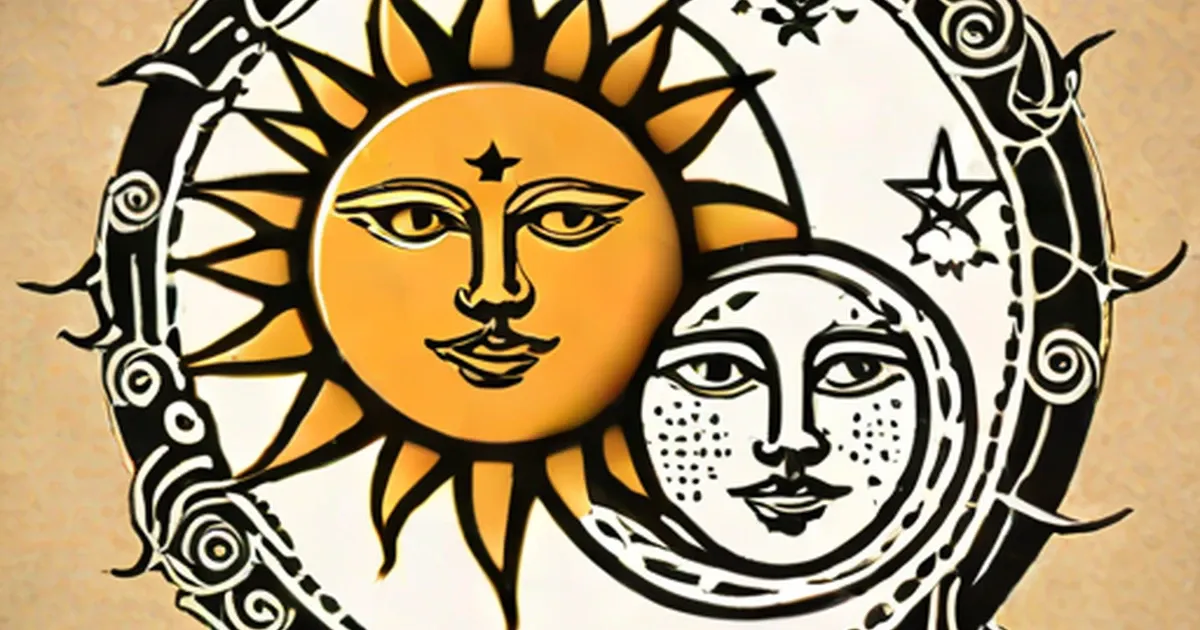 Golden sun and pale moon with faces, surrounded by ornate black decorative patterns